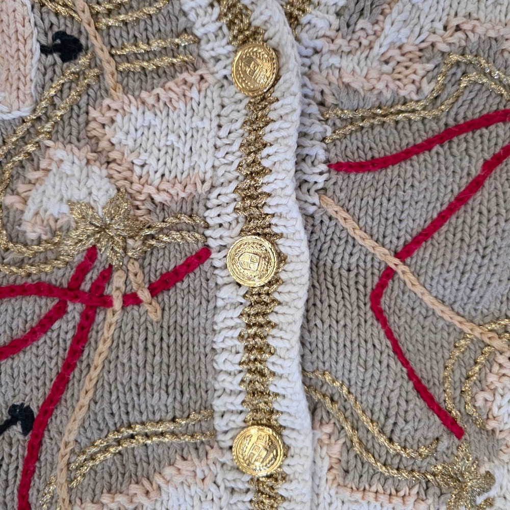 Vintage Casual Corner Maps Expedition Novelty Cardigan Beige Ramie Cotton L - Picture 3 of 6